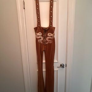 Brown Velvet Snake Embroidered Suspender Jumpsuit